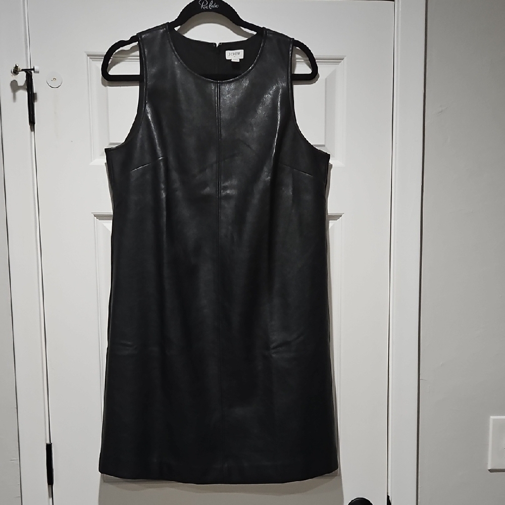 J. Crew Black Faux Leather Shift Sheath Mini Dress Zip Closure Womens 12 NEW